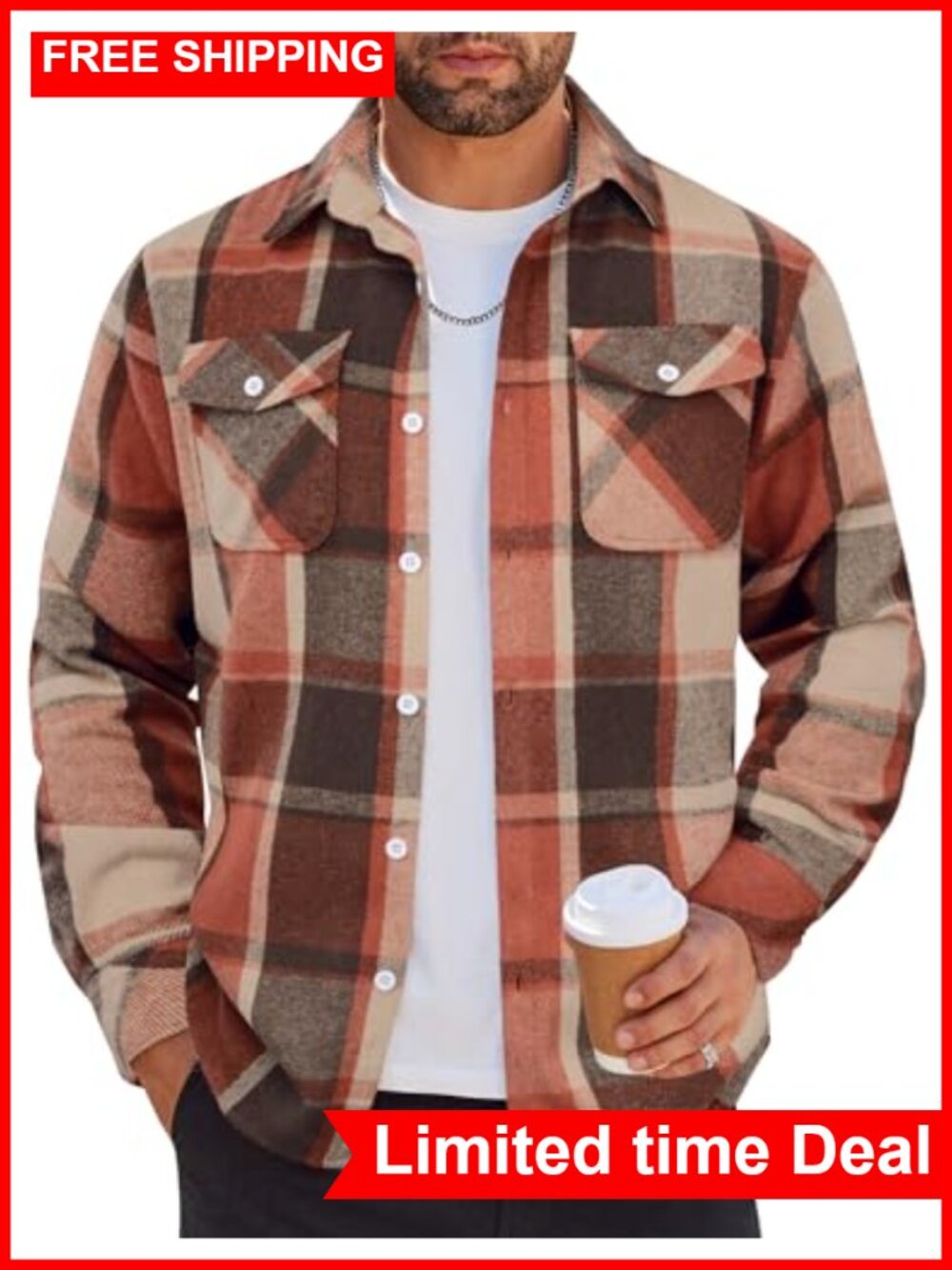 Men Flannel Plaid Button Down Shirt Long Sleeve Casual with Pockets